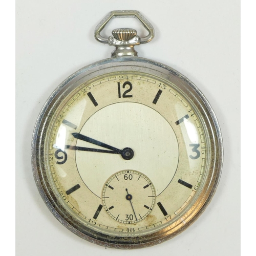 143 - A 1940's chrome plated open face keyless wind pocket watch, contained in a burr walnut desk case.