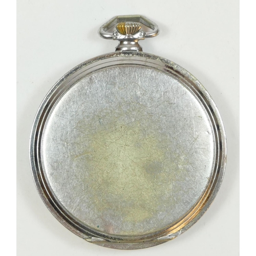 143 - A 1940's chrome plated open face keyless wind pocket watch, contained in a burr walnut desk case.