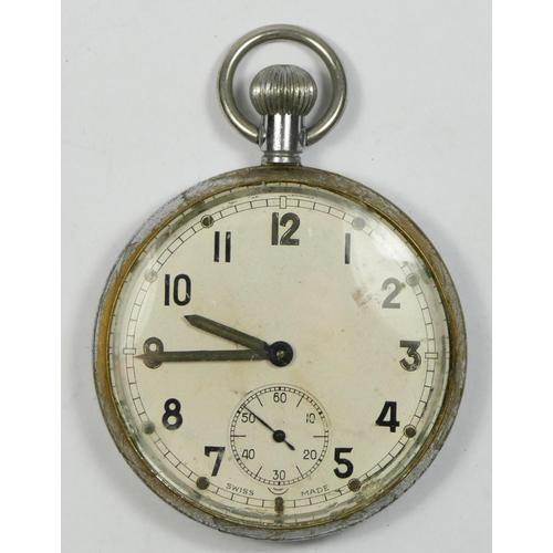 144 - A War Department chrome plated open face keyless wind pocket watch, engraved broad arrow over G.S.T.... 