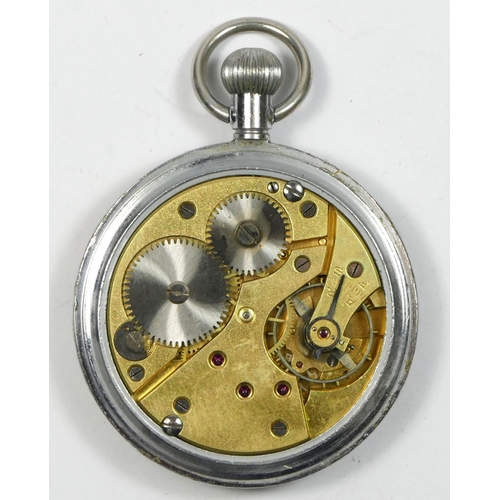 144 - A War Department chrome plated open face keyless wind pocket watch, engraved broad arrow over G.S.T.... 