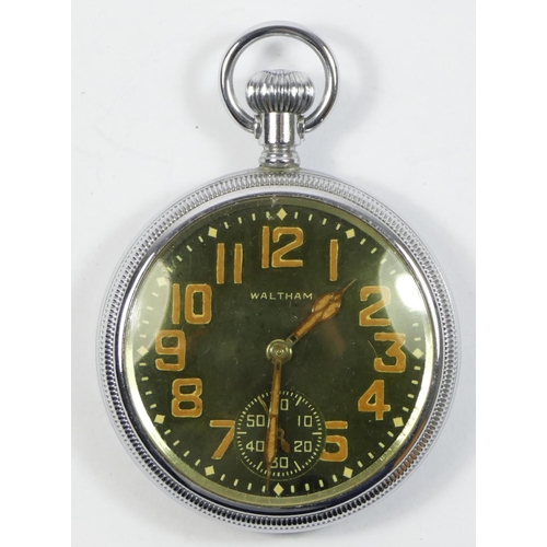 145 - Waltham, a War Department WWII era open face keyless wind pocket watch, signed black dial, screw cas... 