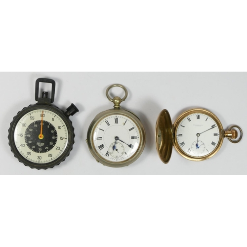 147 - Heuer 7710 stop watch, Thomas Russell, a gilt metal full hunter pocket watch and a nickel pocket wat... 
