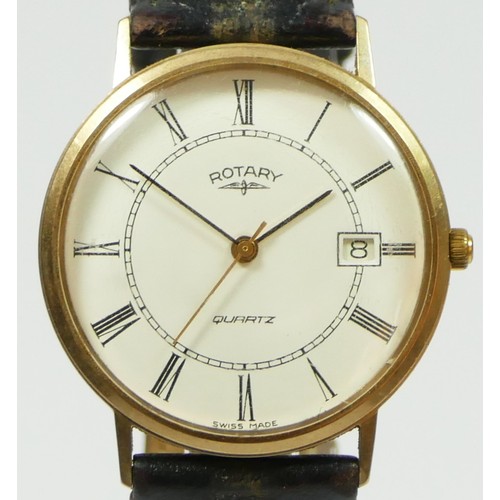 149 - Rotary, a 9ct gold date quartz gentleman's wristwatch, c.1988, white dial with Roman numerals, 32mm,... 