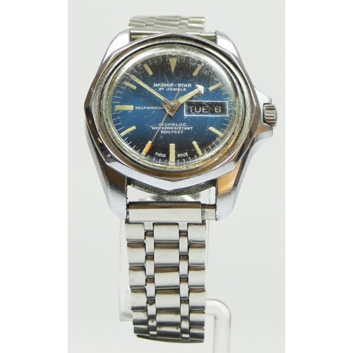 155 - Marine-Star, a stainless steel day date automatic gentleman's wristwatch with graduated blue dial, 3... 