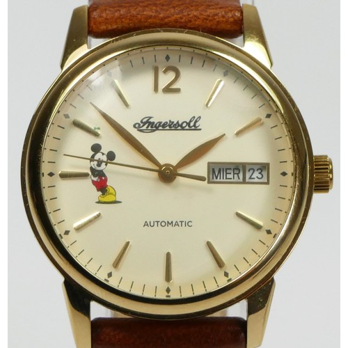 163 - Ingersoll, a gilt metal  Mickey Mouse day date automatic gentleman's wristwatch, limited edition, 31... 