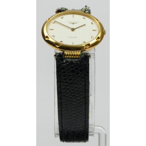 172 - Longines, a gilt metal quartz gentleman's wristwatch, leather strap, 30mm, box