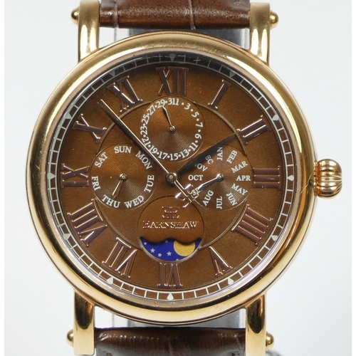 180 - Earnshaw, a rose gilt metal multi dial calendar quartz gentleman's wristwatch, ref 8031, apparently ... 