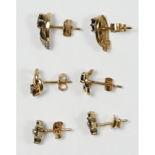 211 - Three pairs of 9ct gold, sapphire and diamond ear studs, 3.5gm