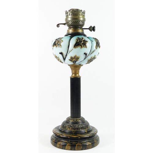 296 - Louis Philipe style French oil lamp, brass column with opaline blue globe, raised on a stepped base ... 