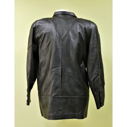 35 - Black men's soft leather 1980's style button sleeve jacket side open pockets, size 44