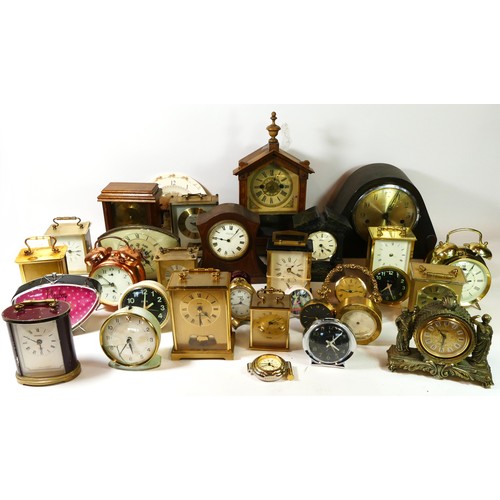 Three boxes of mantel clocks, to include lantern clocks, carriage