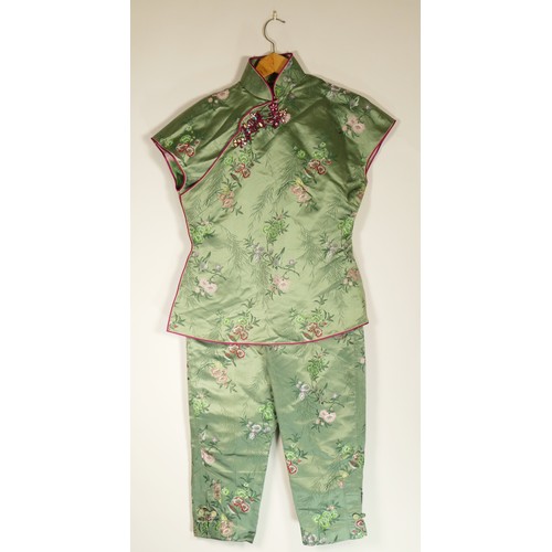 46 - Satin oriental outfits and cloth to include a Green short sleeved top, chest 47cm, with cropped pant... 