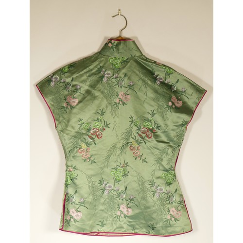 46 - Satin oriental outfits and cloth to include a Green short sleeved top, chest 47cm, with cropped pant... 