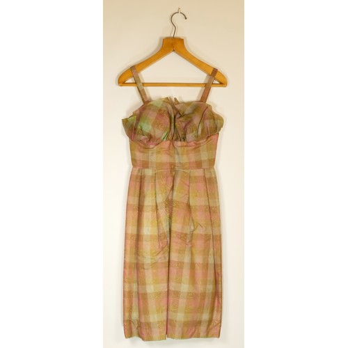 75 - 'Lady about town' silk pink/green check dress, size 8.
