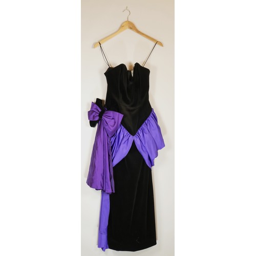 80 - Frank Usher velvet evening dress, black bodice with purple skirt, size 36inch chest.