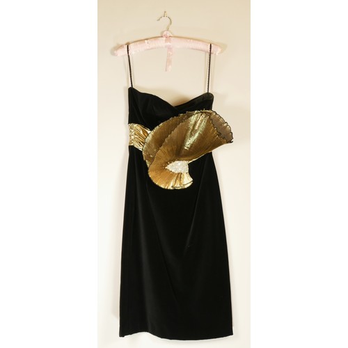 82 - Gena Bacconi black velvet and gold fan detail cocktail dress, size 12.