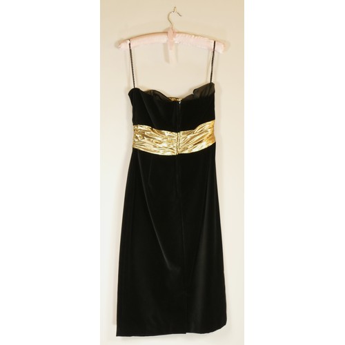 82 - Gena Bacconi black velvet and gold fan detail cocktail dress, size 12.