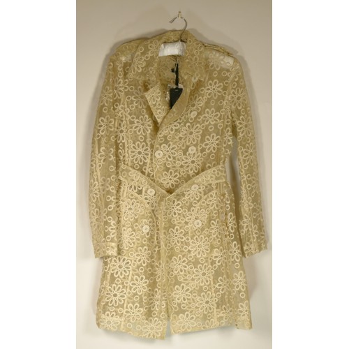 84 - Tenax sheer embroidered coat, beige, size 44, 34inch long. New with tags.