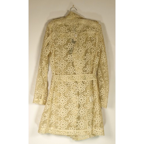 84 - Tenax sheer embroidered coat, beige, size 44, 34inch long. New with tags.