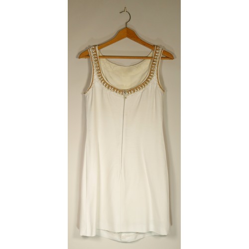 85 - Robert Dorland white shift dress with pearl and copper beading detail, size 42.