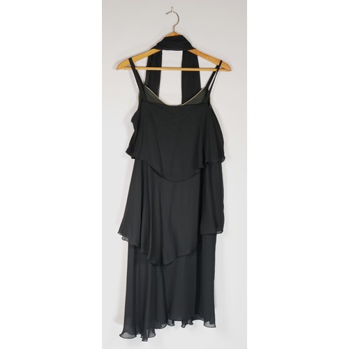 86 - Selina black chiffon evening dress with beaded neckline and scarf, size 16.