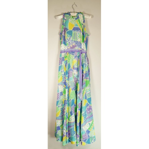 89 - Susan Small, long flowing floral patchwork pattern green/multi coloured halterneck dress, size 12.
