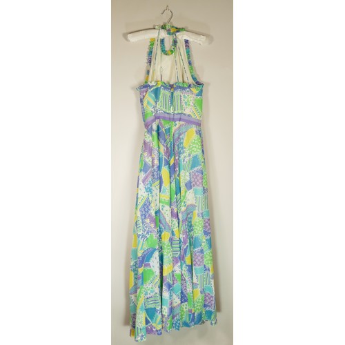 89 - Susan Small, long flowing floral patchwork pattern green/multi coloured halterneck dress, size 12.
