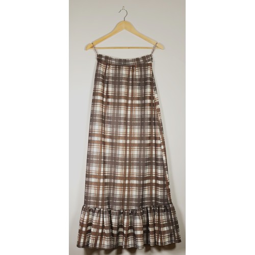 92 - Retro 1980's Brown check pattern nylon material, maxi skirt, 38inch waist.