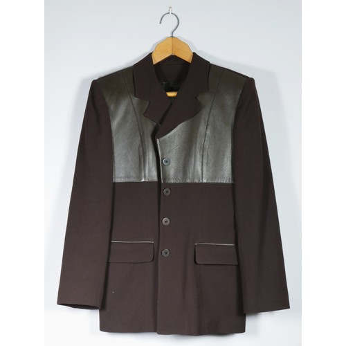 93 - Absolu design, brown crepe with leather trim jacket, size 36inch chest.