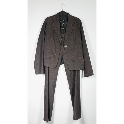 94 - Brown, denim look trouser suit, Jacket 36in chest, inside leg 31inch, waist 32inch.