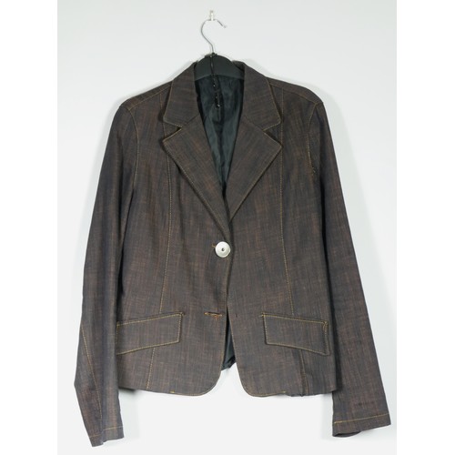 94 - Brown, denim look trouser suit, Jacket 36in chest, inside leg 31inch, waist 32inch.