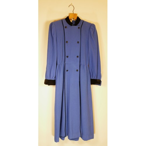 95 - Retro 1980's Bellville Sassoon design coat, powder blue, black velvet mandarin collar and cuffs with... 