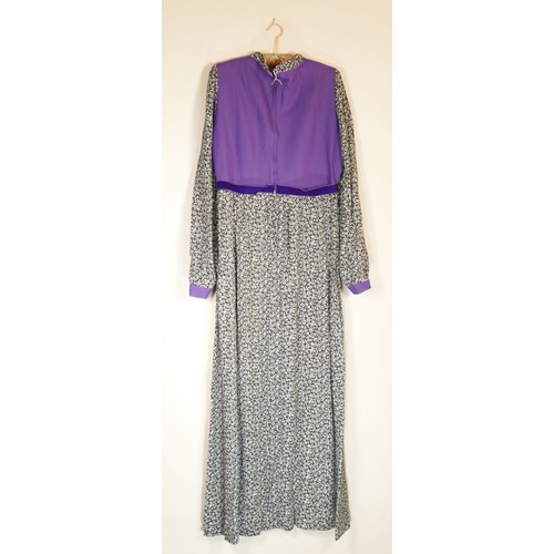 96 - Retro 1980's, Long, high neck dress, black and purple, knitted bodice, velvet ribbon, size 14.
