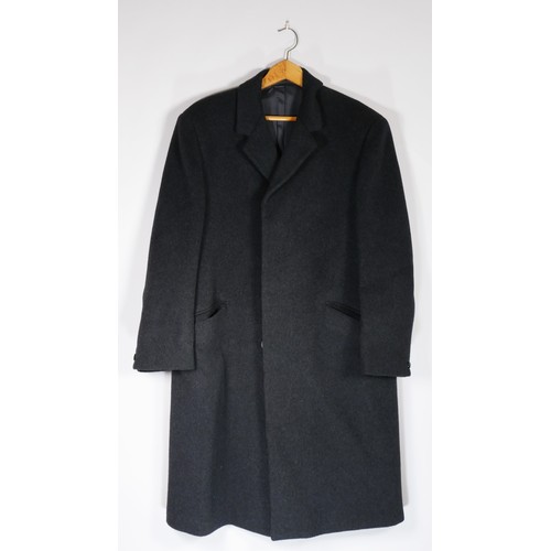 106 - Men's trench coat, wool and silk, charcoal, size 44inch chest.