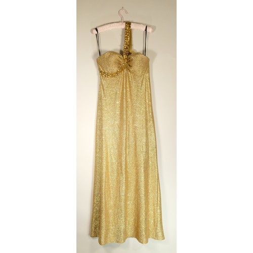134 - 'Ignite evenings' design, long gold evening dress, size 10.