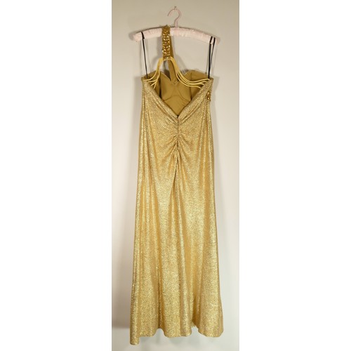 134 - 'Ignite evenings' design, long gold evening dress, size 10.