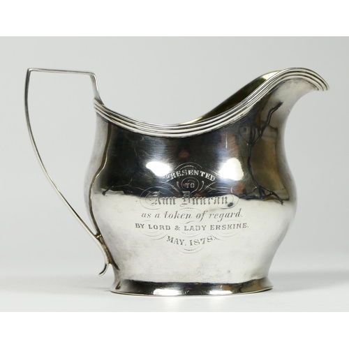 7 - A George III silver presentation milk jug, London 1818, with later 1878 inscription, 101gm