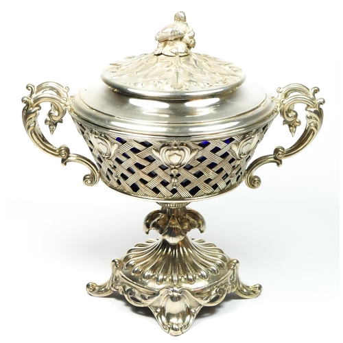 23 - A French silver lidded pedestal basket, apparently no makers mark, Minerva three times, the basket w... 