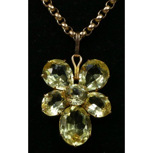 47 - A Victorian 9ct gold mount flower head pendant, composed of mixed cut pear shape and oval citrines, ... 