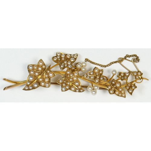 52 - A Victorian unmarked 15ct gold and half pearl set ivy leaf brooch, 7.5cm, 12.3gm