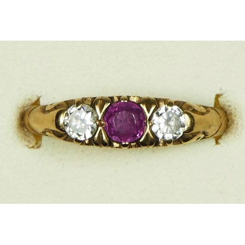57 - A 9ct gold Edwardian style ruby and diamond three stone Ring, carved claw set with brilliant cut sto... 