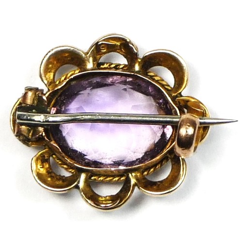 58 - A Victorian 9ct gold amethyst and half pearl oval cluster brooch, 9ct tab, 19 x 16mm, 2.2gm