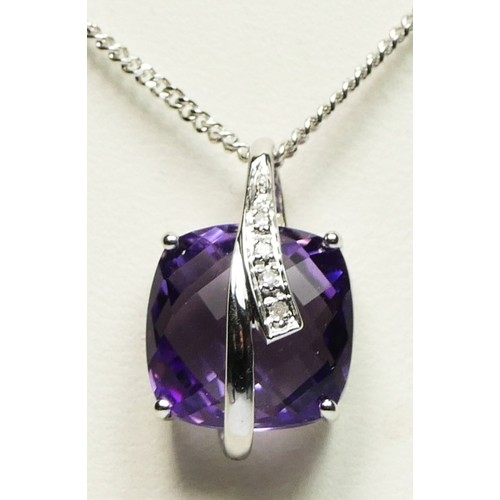61 - A 9ct white gold amethyst and diamond pendant, the briolette cut stone with a row of diamonds, chain... 