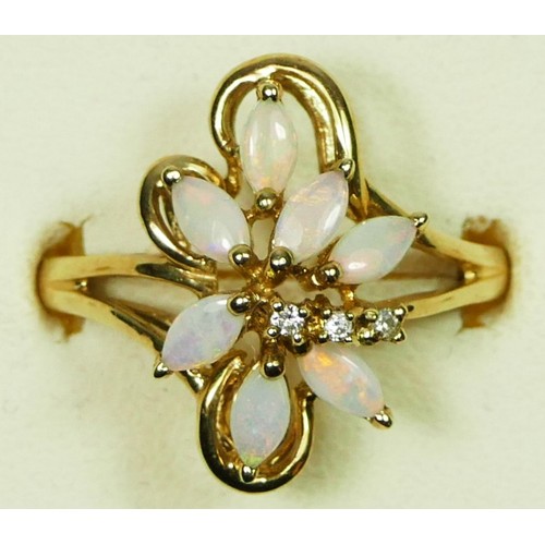 62 - A 9ct gold opal and brilliant cut diamond flowerhead cluster ring, P, 3gm