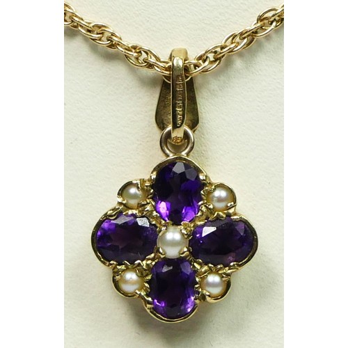 68 - A 9ct gold Victorian style amethyst and half pearl cluster pendant, 14 x 14mm, chain, 4.3gm