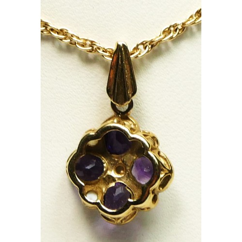 68 - A 9ct gold Victorian style amethyst and half pearl cluster pendant, 14 x 14mm, chain, 4.3gm