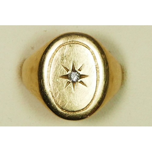 83 - A 9ct gold and diamond signet ring, star set with a brilliant cut stone, 7.1gm, O 1/2.