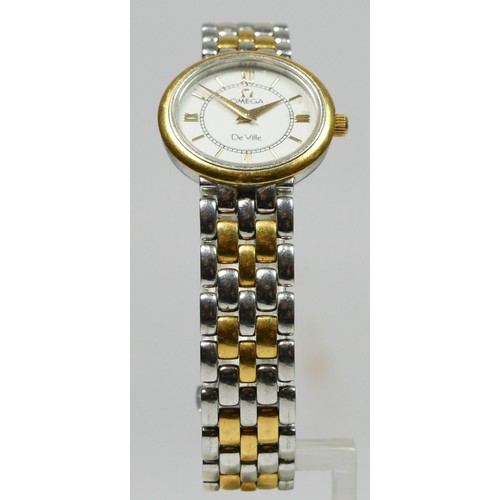 107 - Omega De Ville, a bi metal ladies quartz wristwatch, off white textured dial, case numbered 56102738... 