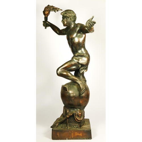 136 - L'Aviation, an early 20th century bronzed spelter trophy/statue, depicting a youth holding a flaming... 