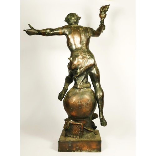 136 - L'Aviation, an early 20th century bronzed spelter trophy/statue, depicting a youth holding a flaming... 